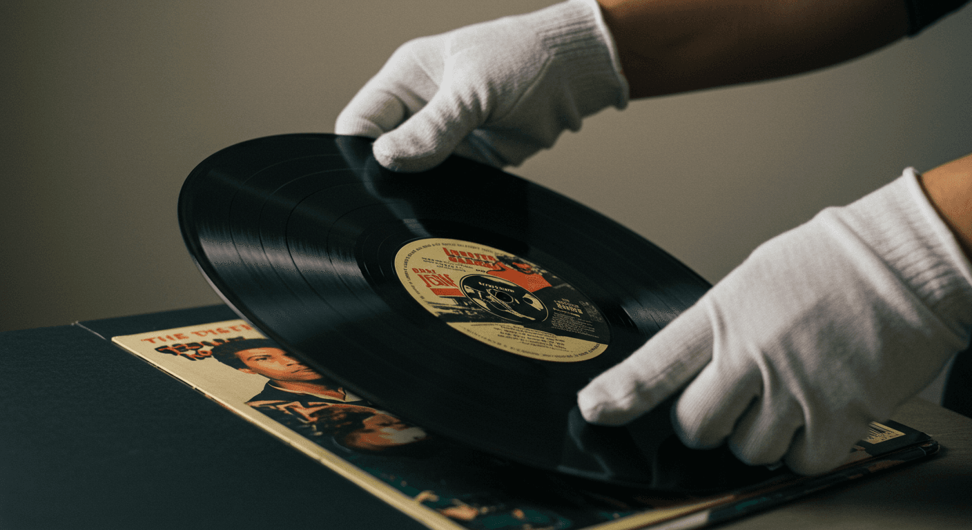 Ein Sammler in weißen Handschuhen zieht eine seltene Vinylplatte aus der Hülle.