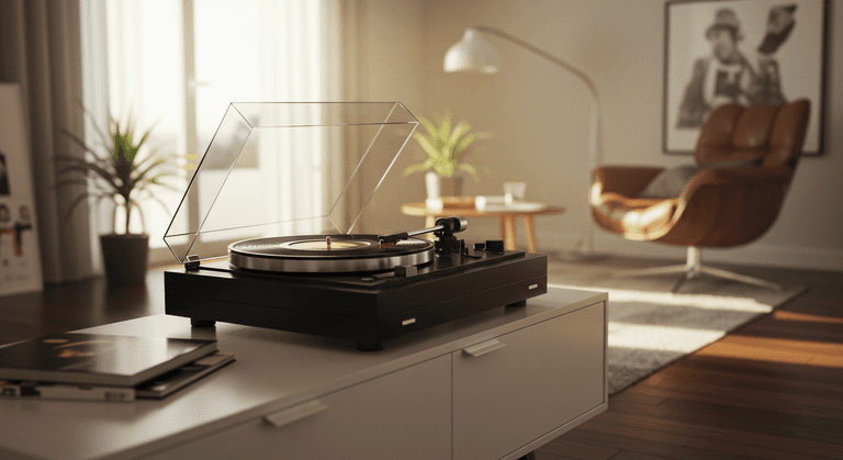 Record player on a TV stand in the living room