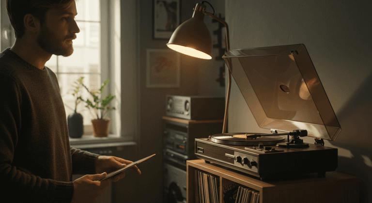 A turntable and collection for a beginning vinyl collector, zoomed out. Someone admires.