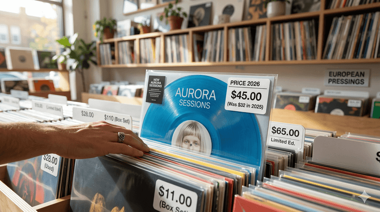 Vinyl in racks with price labels